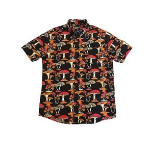 Massive Mens Button Up Shirt‎ Short Sleeve Mushroom Print Black Small